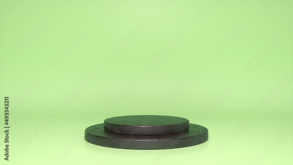 Poster black glossy podium, pedestal on green background. blank showcase mockup with empty round stage. abs