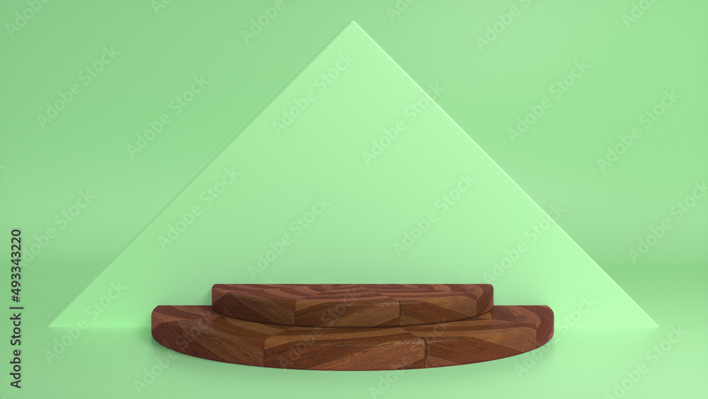 Poster Wooden parquet podium on green abstract triangular background. Blank showcase mockup with empty round stage. Geometry background. Stage for advertising product display with copy space. 3d render