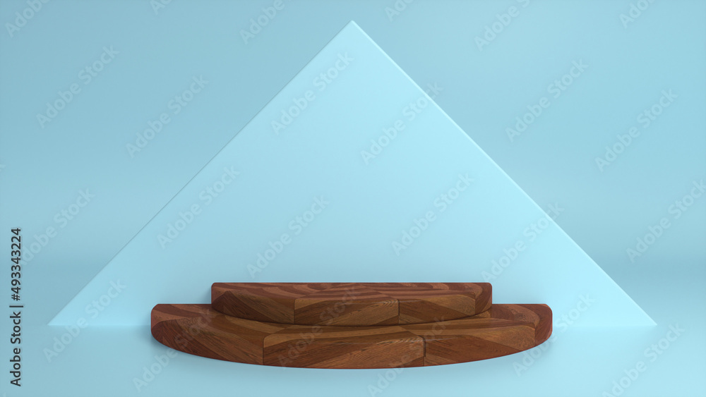 Poster wooden parquet podium on blue abstract triangular background. blank showcase mockup with empty round