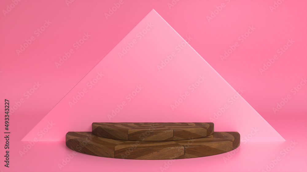 Poster wooden parquet podium on pink abstract triangular background. blank showcase mockup with empty round
