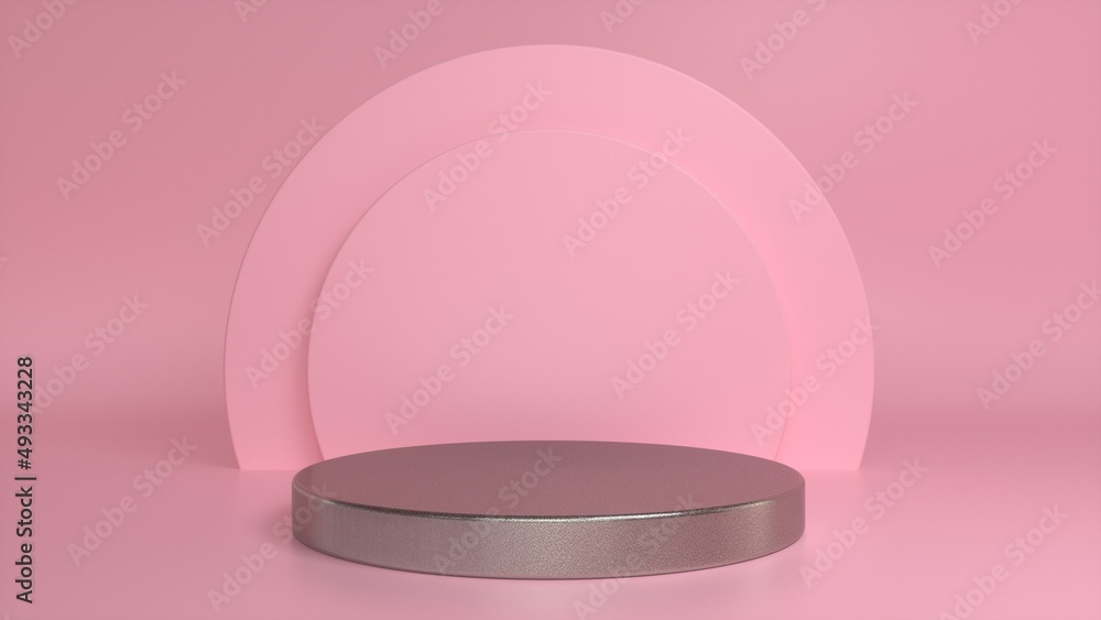 Poster rough metal podium, pedestal on a pink background. blank showcase mockup with empty round stage. abs