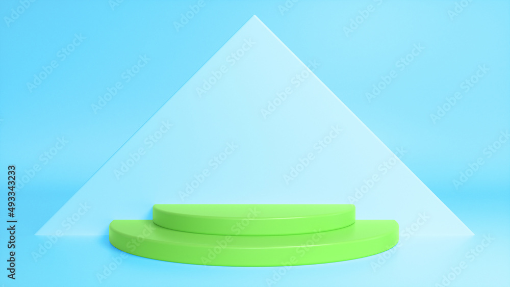 Poster green glossy podium on blue abstract triangular background. blank showcase mockup with empty round s
