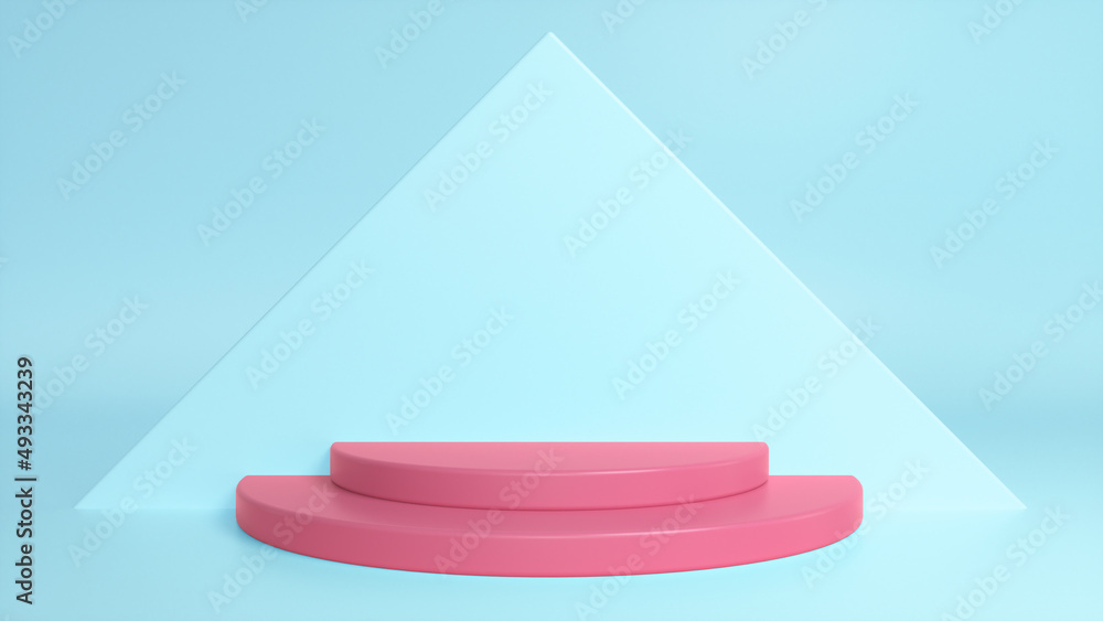 Poster pink glossy podium on blue abstract triangular background. blank showcase mockup with empty round st