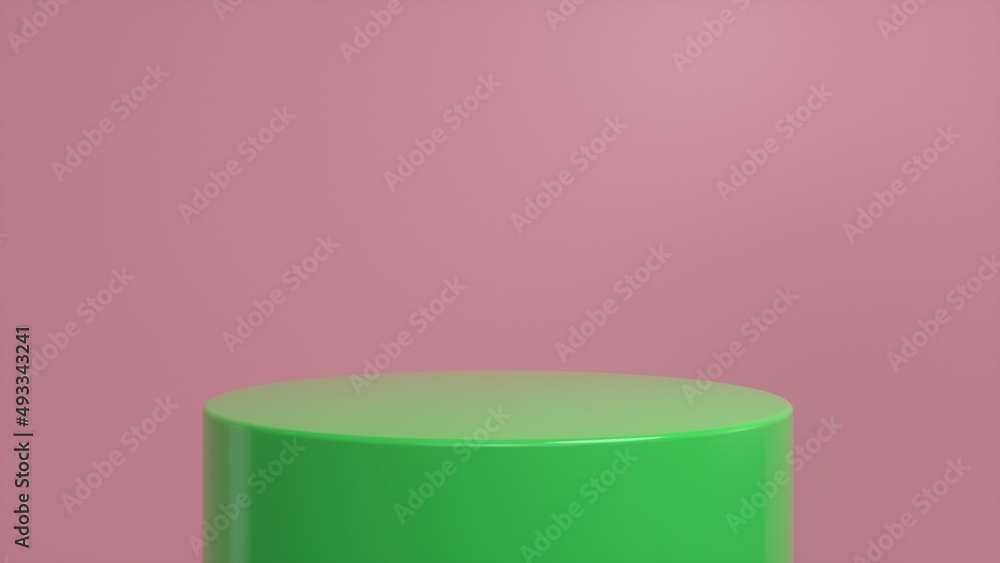 Poster green glossy podium, pedestal on a pink background. blank showcase mockup with empty round stage. ab