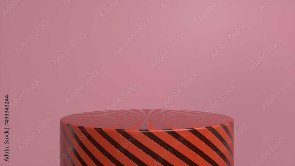 Poster orange striped podium, pedestal on a pink background. blank showcase mockup with empty round stage. 