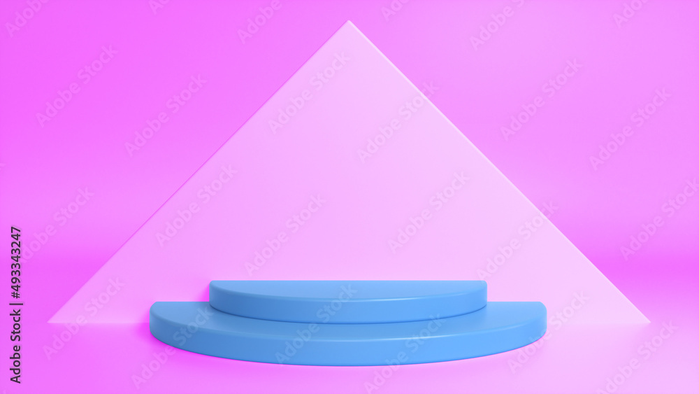 Poster blue glossy podium on pink abstract triangular background. blank showcase mockup with empty round st