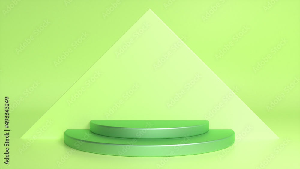 Poster Green glossy podium on green abstract triangular background. Blank showcase mockup with empty round stage. Geometry background. Stage for advertising product display with copy space. 3d render