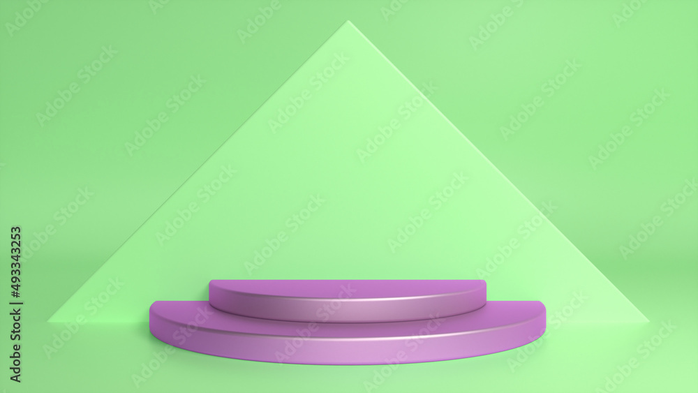 Poster Purple glossy podium on green abstract triangular background. Blank showcase mockup with empty round stage. Geometry background. Stage for advertising product display with copy space. 3d render