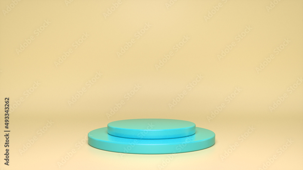 Poster blue glossy podium, pedestal on yellow background. blank showcase mockup with empty round stage. abs