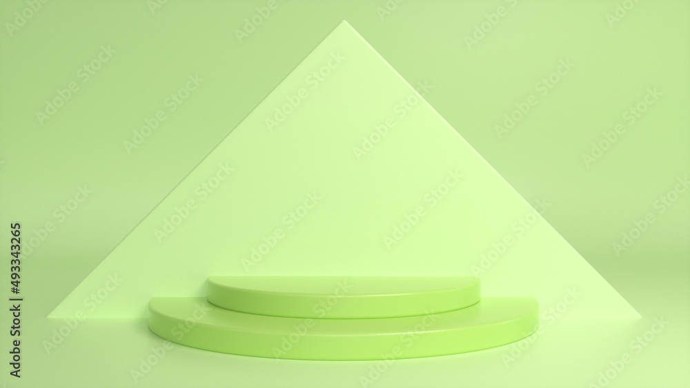 Poster Green glossy podium on abstract triangular background. Blank showcase mockup with empty round stage. Abstract geometry background. Stage for advertising product display with copy space. 3d render