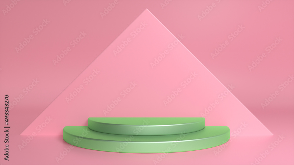 Poster green glossy podium on pink abstract triangular background. blank showcase mockup with empty round s