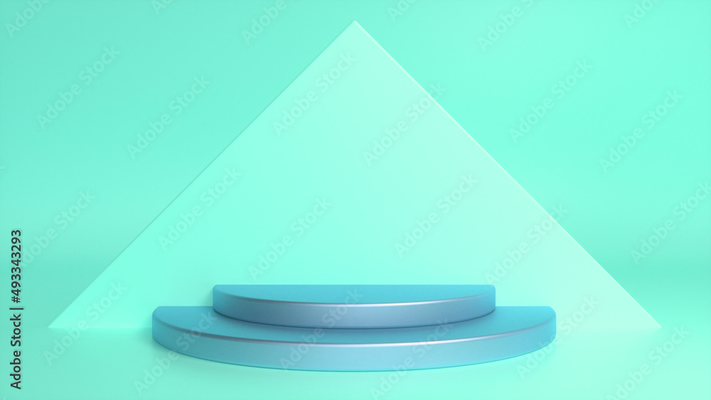 Poster blue glossy podium on blue abstract triangular background. blank showcase mockup with empty round st