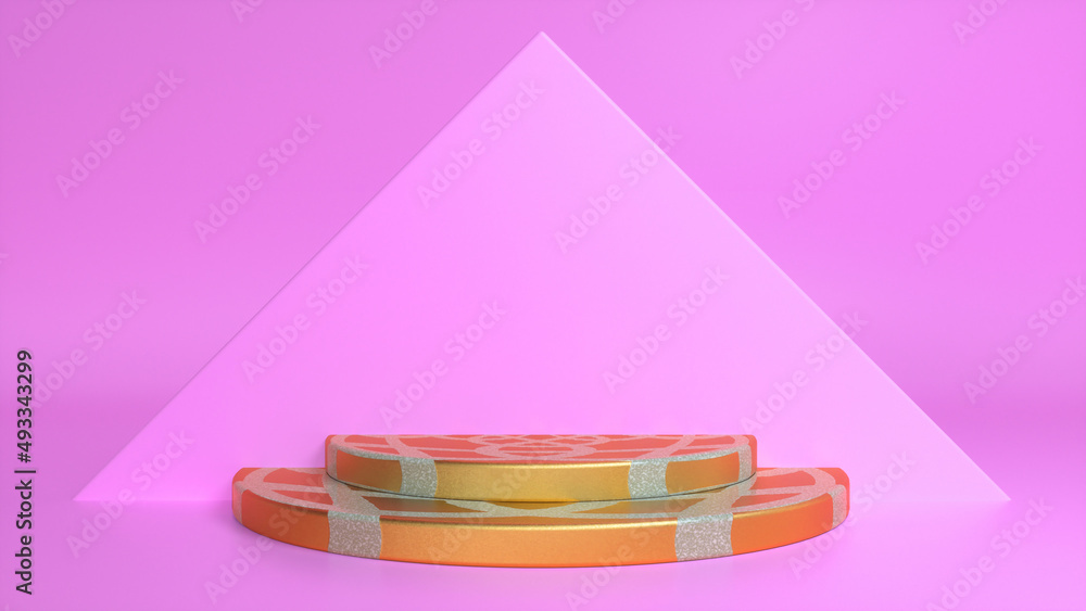 Poster orange striped glossy podium on pink abstract triangular background. blank showcase mockup with empt