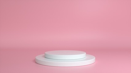 White glossy podium, pedestal on pink background. Blank showcase mockup with empty round stage. Abstract geometry shape background. Stage for advertising product display with copy space. 3d render