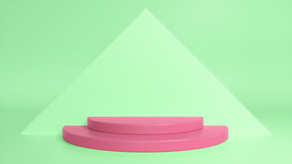 Pink glossy podium on green abstract triangular background. Blank showcase mockup with empty round stage. Geometry background. Stage for advertising product display with copy space. 3d render