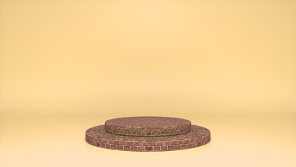 Brick podium, pedestal on yellow background. Blank showcase mockup with empty round stage. Abstract geometry shape background. Stage for advertising product display with copy space. 3d render