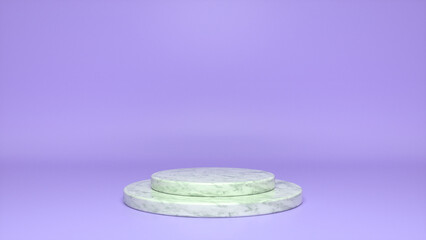 Marble podium, pedestal on purple background. Blank showcase mockup with empty round stage. Abstract geometry shape background. Stage for advertising product display with copy space. 3d render