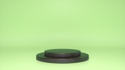 Black glossy podium, pedestal on green background. Blank showcase mockup with empty round stage. Abstract geometry shape background. Stage for advertising product display with copy space. 3d render