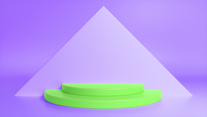 Green glossy podium on purple abstract triangular background. Blank showcase mockup with empty round stage. Geometry background. Stage for advertising product display with copy space. 3d render