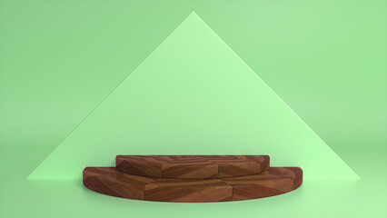 Wooden parquet podium on green abstract triangular background. Blank showcase mockup with empty round stage. Geometry background. Stage for advertising product display with copy space. 3d render