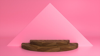 Wooden parquet podium on pink abstract triangular background. Blank showcase mockup with empty round stage. Geometry background. Stage for advertising product display with copy space. 3d render