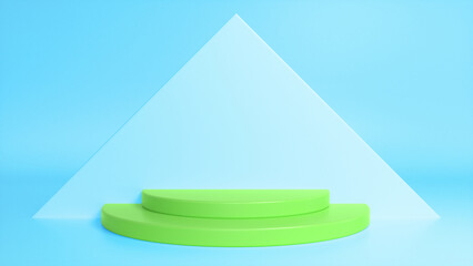 Green glossy podium on blue abstract triangular background. Blank showcase mockup with empty round stage. Geometry background. Stage for advertising product display with copy space. 3d render