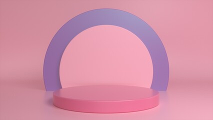 Pink podium, pedestal on a pink purple background. Blank showcase mockup with empty round stage. Abstract geometry background. Stage for advertising product display with copy space. 3d render