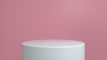 White glossy podium, pedestal on a pink background. Blank showcase mockup with empty round stage. Abstract geometry shape background. Stage for advertising product display with copy space. 3d render
