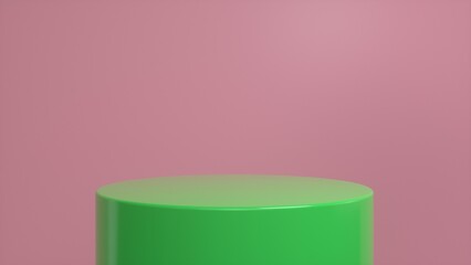 Green glossy podium, pedestal on a pink background. Blank showcase mockup with empty round stage. Abstract geometry shape background. Stage for advertising product display with copy space. 3d render