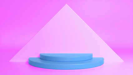 Blue glossy podium on pink abstract triangular background. Blank showcase mockup with empty round stage. Geometry background. Stage for advertising product display with copy space. 3d render