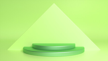 Green glossy podium on green abstract triangular background. Blank showcase mockup with empty round stage. Geometry background. Stage for advertising product display with copy space. 3d render