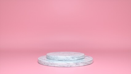 Marble glossy podium, pedestal on pink background. Blank showcase mockup with empty round stage. Abstract geometry shape background. Stage for advertising product display with copy space. 3d render