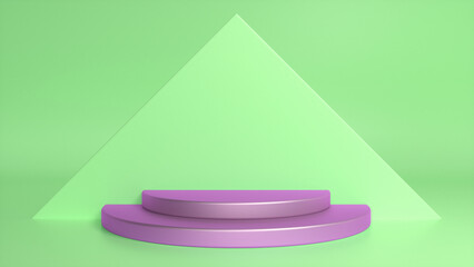 Purple glossy podium on green abstract triangular background. Blank showcase mockup with empty round stage. Geometry background. Stage for advertising product display with copy space. 3d render