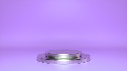 Chrome glossy podium, pedestal on purple background. Blank showcase mockup with empty round stage. Abstract geometry shape background. Stage for advertising product display with copy space. 3d render