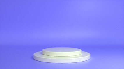 White glossy podium, pedestal on purple background. Blank showcase mockup with empty round stage. Abstract geometry shape background. Stage for advertising product display with copy space. 3d render