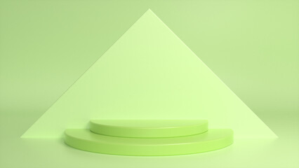 Green glossy podium on abstract triangular background. Blank showcase mockup with empty round stage. Abstract geometry background. Stage for advertising product display with copy space. 3d render