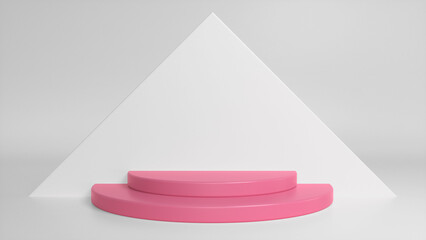 Pink glossy podium on white abstract triangular background. Blank showcase mockup with empty round stage. Geometry background. Stage for advertising product display with copy space. 3d render