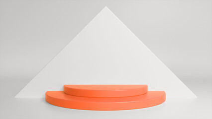 Orange glossy podium on white abstract triangular background. Blank showcase mockup with empty round stage. Geometry background. Stage for advertising product display with copy space. 3d render