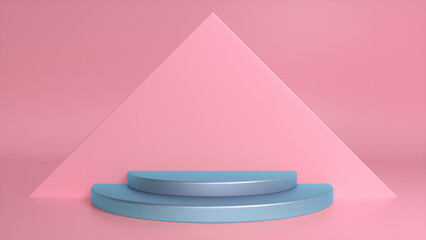 Blue glossy podium on pink abstract triangular background. Blank showcase mockup with empty round stage. Geometry background. Stage for advertising product display with copy space. 3d render