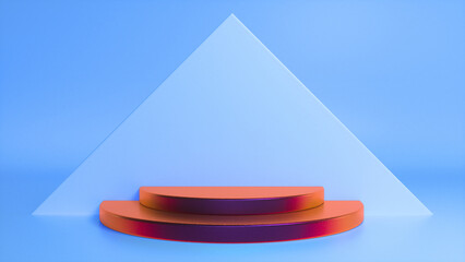 Colorful glossy podium on blue abstract triangular background. Blank showcase mockup with empty round stage. Geometry background. Stage for advertising product display with copy space. 3d render