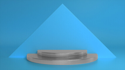 Chrome glossy podium on blue abstract triangular background. Blank showcase mockup with empty round stage. Geometry background. Stage for advertising product display with copy space. 3d render