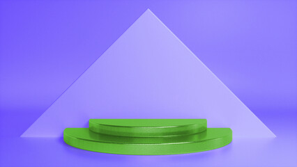 Green chrome glossy podium on purple abstract triangular background. Blank showcase mockup with empty round stage. Geometry background. Stage for advertising product display with copy space. 3d render