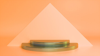 Chrome glossy podium on orange abstract triangular background. Blank showcase mockup with empty round stage. Geometry background. Stage for advertising product display with copy space. 3d render
