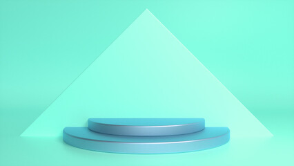 Blue glossy podium on blue abstract triangular background. Blank showcase mockup with empty round stage. Geometry background. Stage for advertising product display with copy space. 3d render