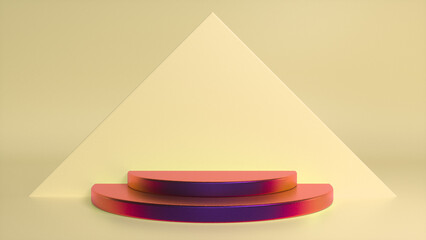 Colorful glossy podium on yellow abstract triangular background. Blank showcase mockup with empty round stage. Geometry background. Stage for advertising product display with copy space. 3d render