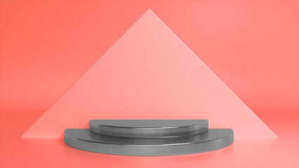Chrome glossy podium on orange abstract triangular background. Blank showcase mockup with empty round stage. Geometry background. Stage for advertising product display with copy space. 3d render