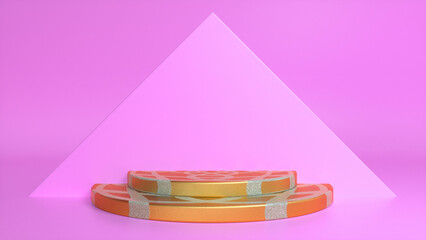 Orange striped glossy podium on pink abstract triangular background. Blank showcase mockup with empty round stage. Geometry background. Stage for advertising product display with copy space. 3d render