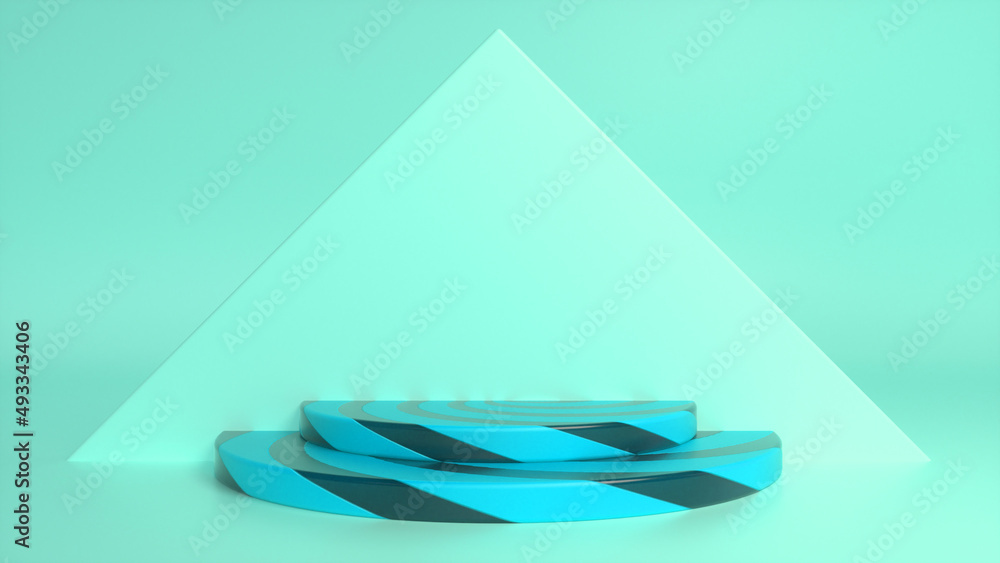 Poster blue striped podium on blue abstract triangular background. blank showcase mockup with empty round s