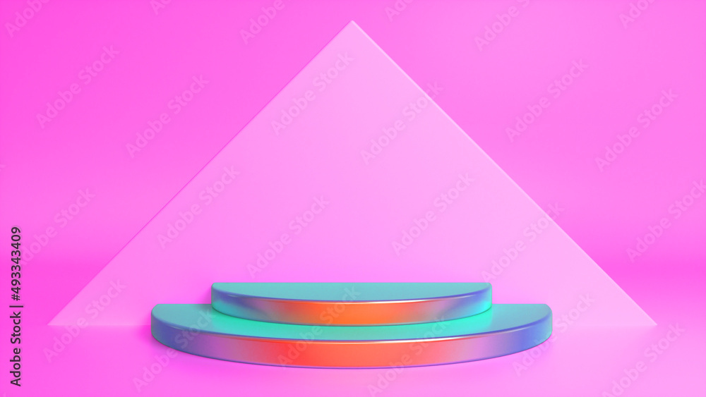 Poster colorful podium on pink abstract triangular background. blank showcase mockup with empty round stage
