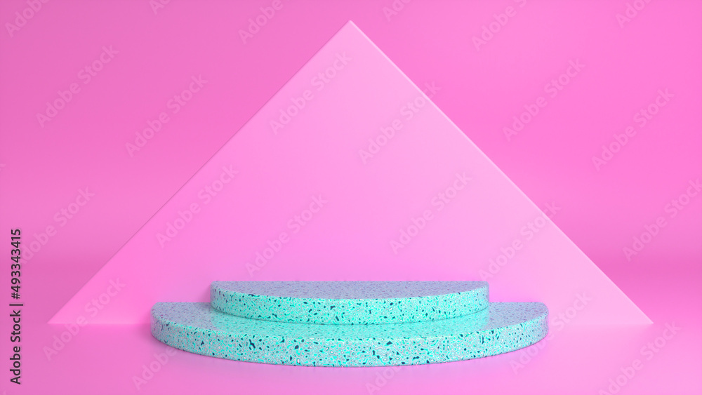 Poster blue glossy stone podium on pink abstract triangular background. blank showcase mockup with empty ro